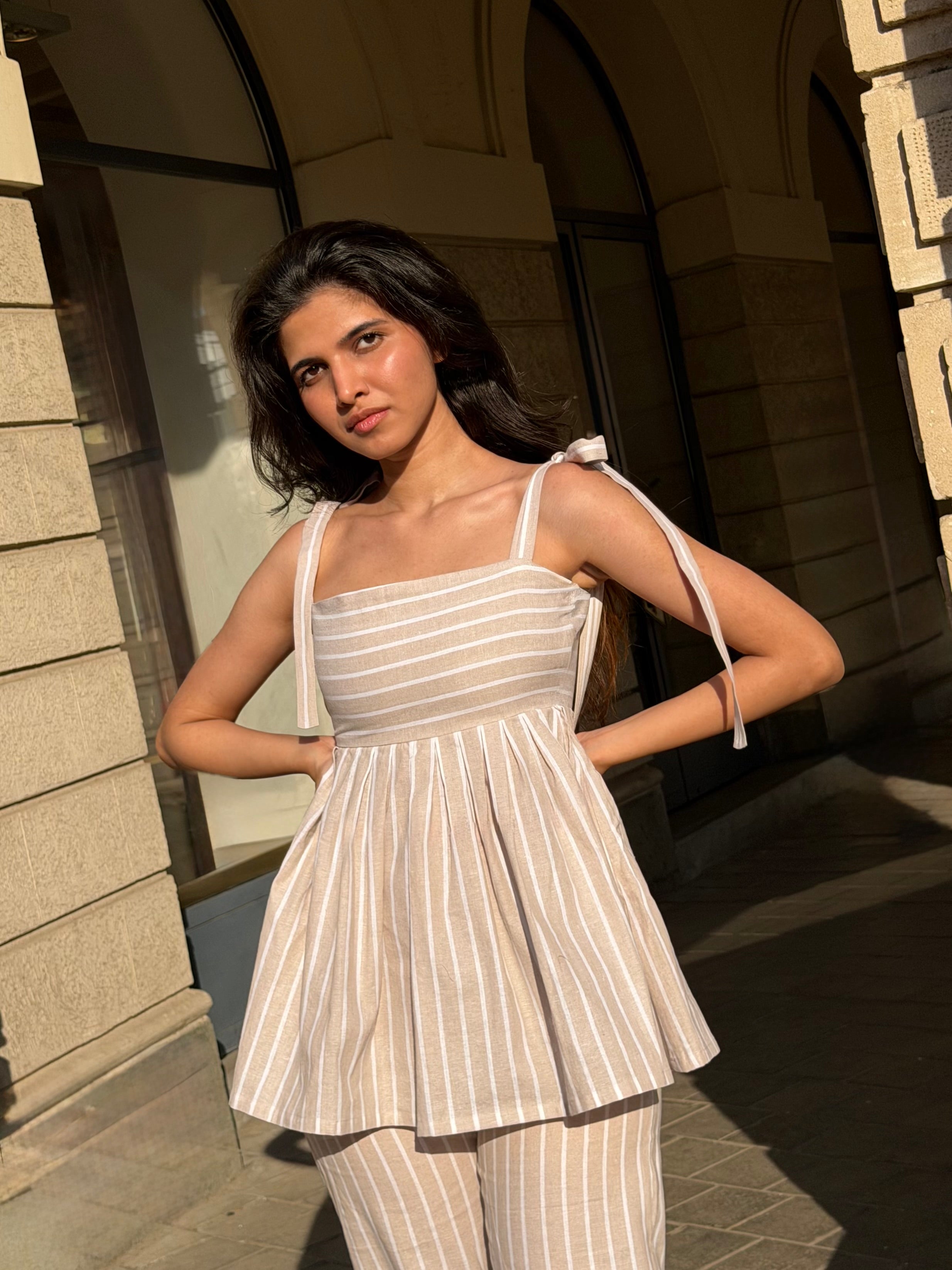 The Sundowner Stripe Top in Oatmeal Nude