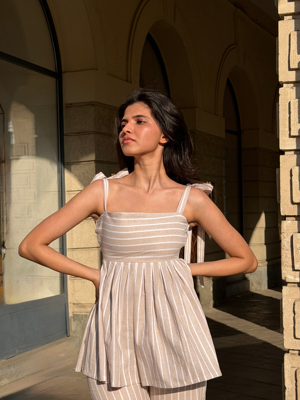 The Sundowner Stripe Top in Oatmeal Nude