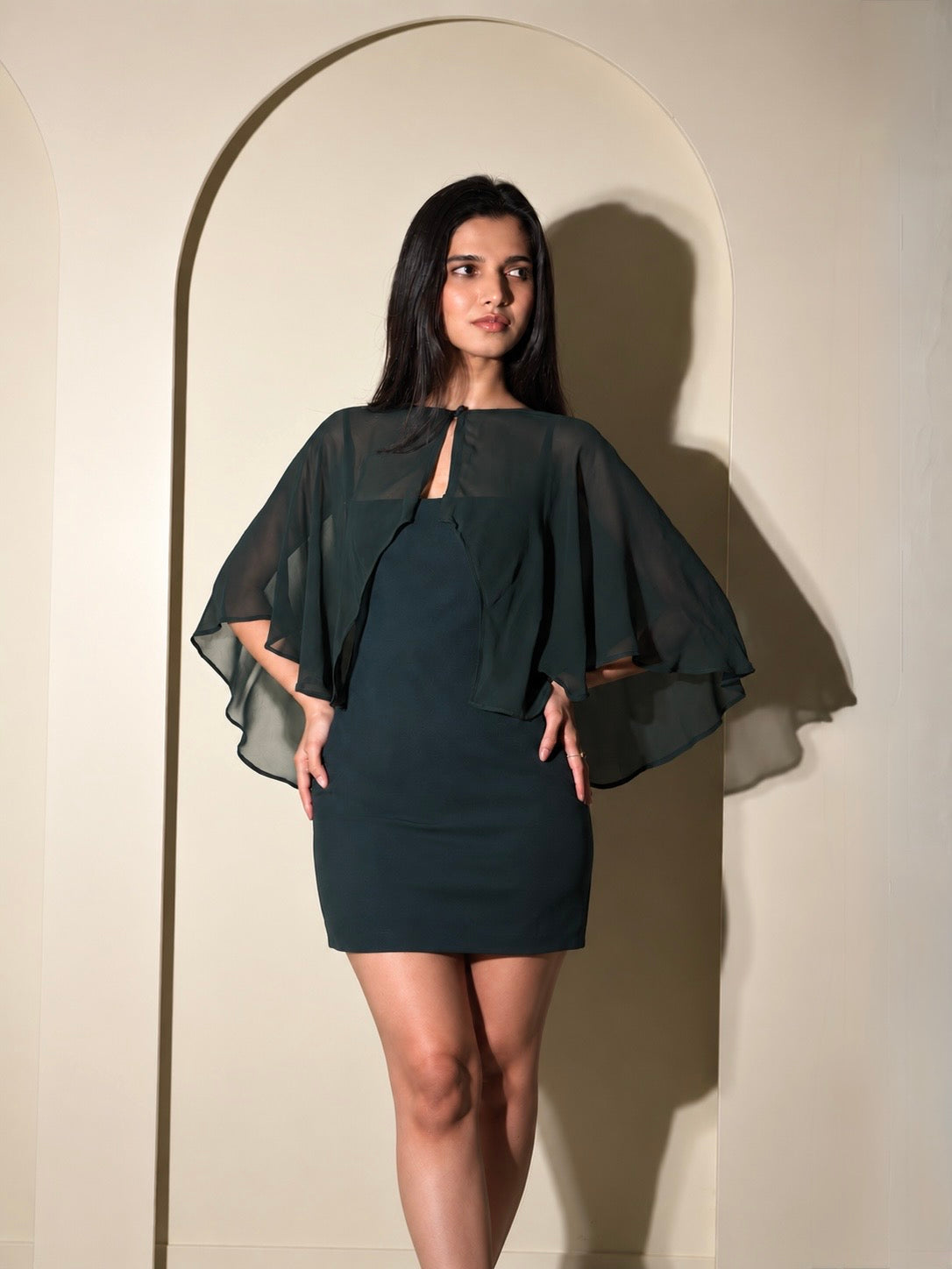 Sia Cape Dress in Emerald Green