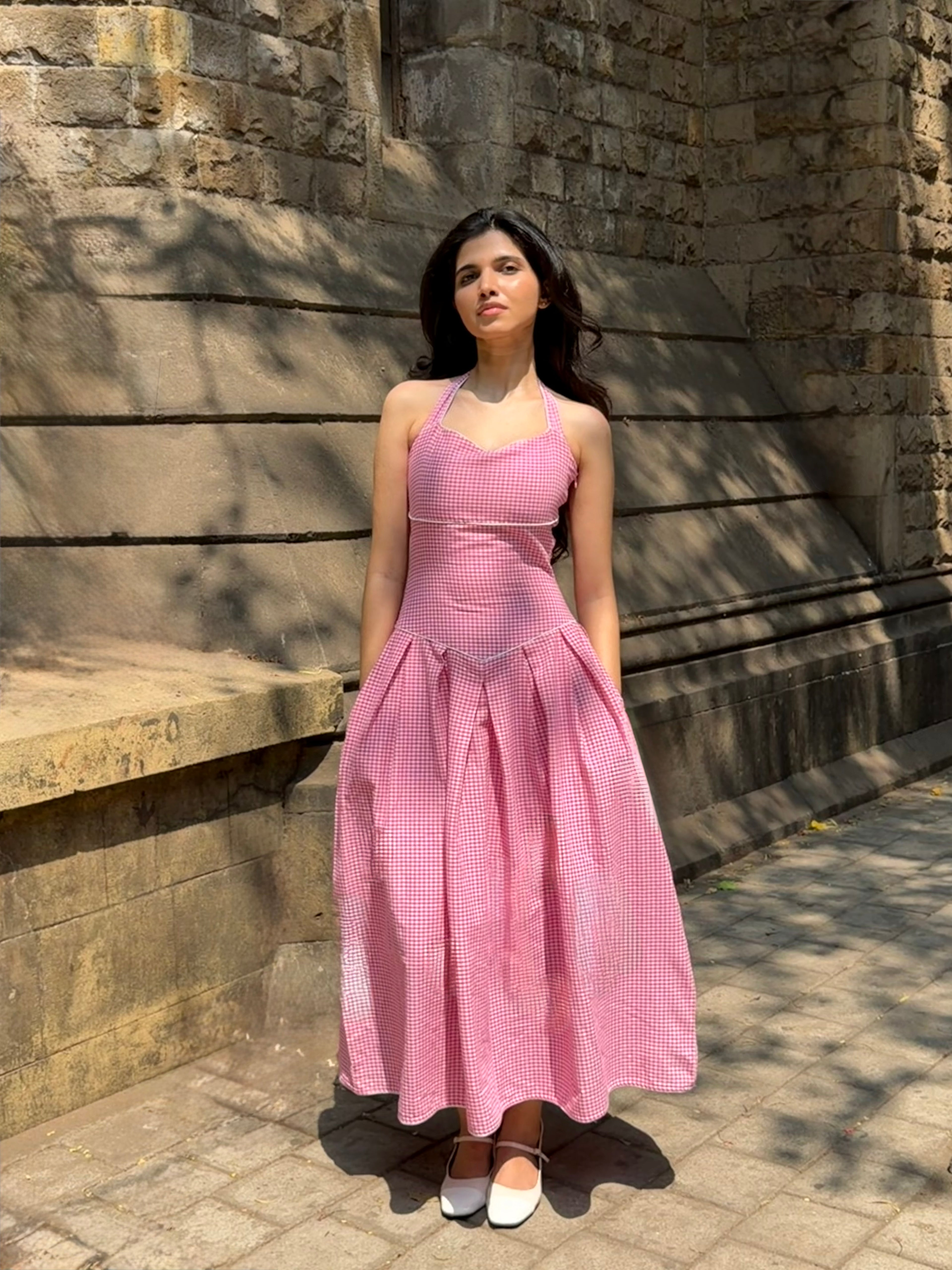 The Bella Halter Gingham Dress in Pink