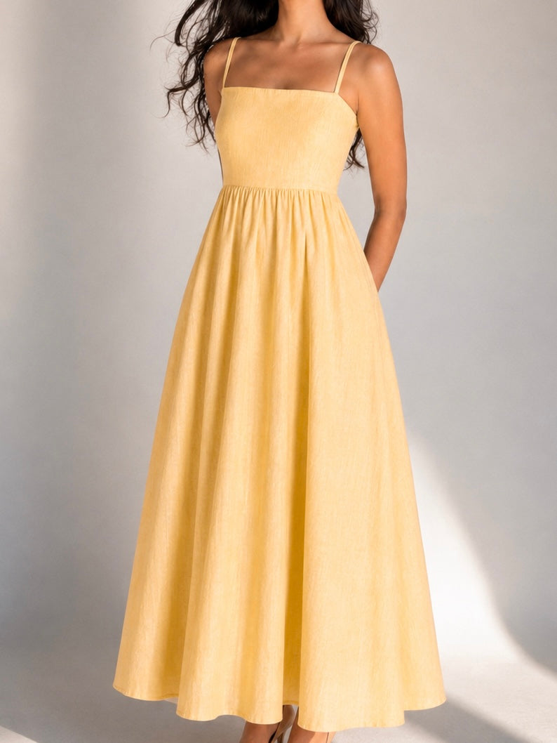 The Amara Minimal Linen Sundress - Sun-dried Yellow