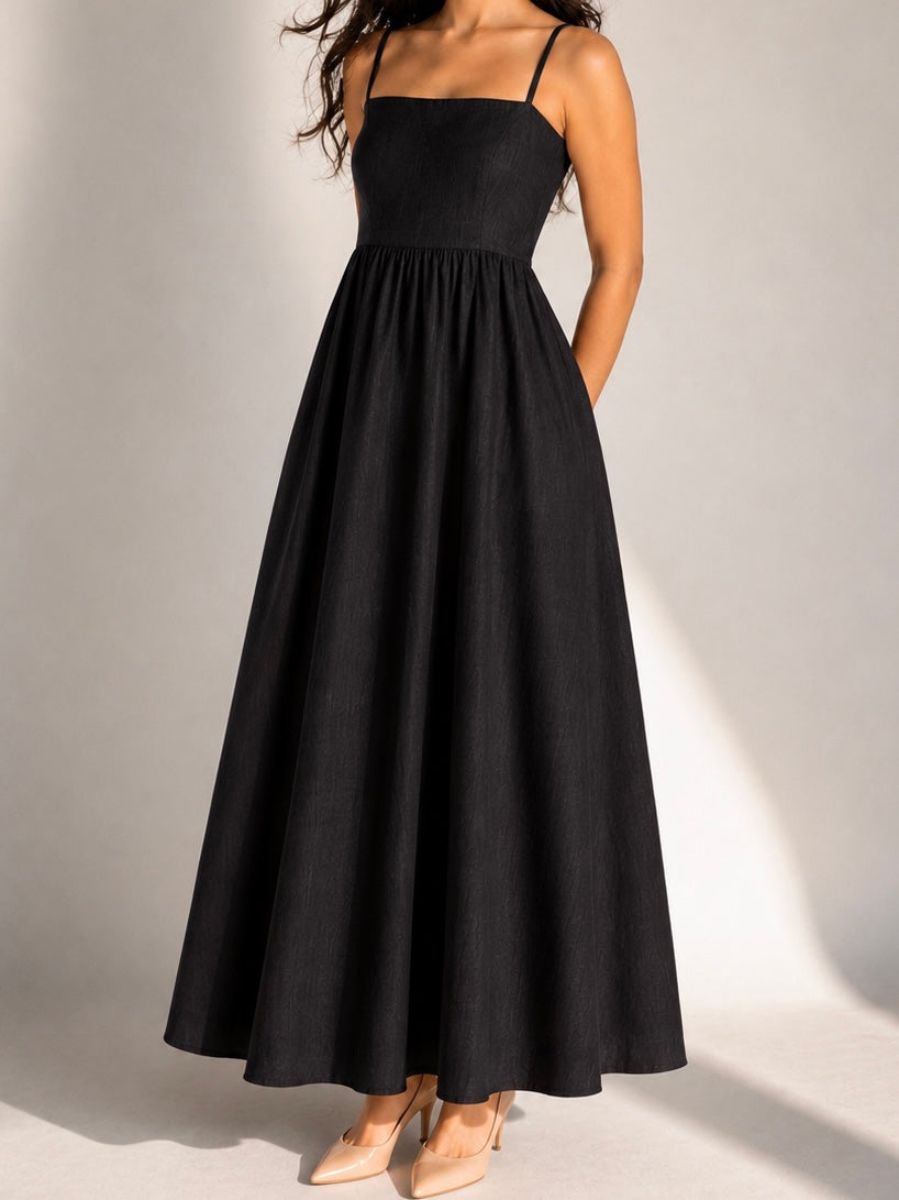 The Amara Minimal Linen Sundress - Black