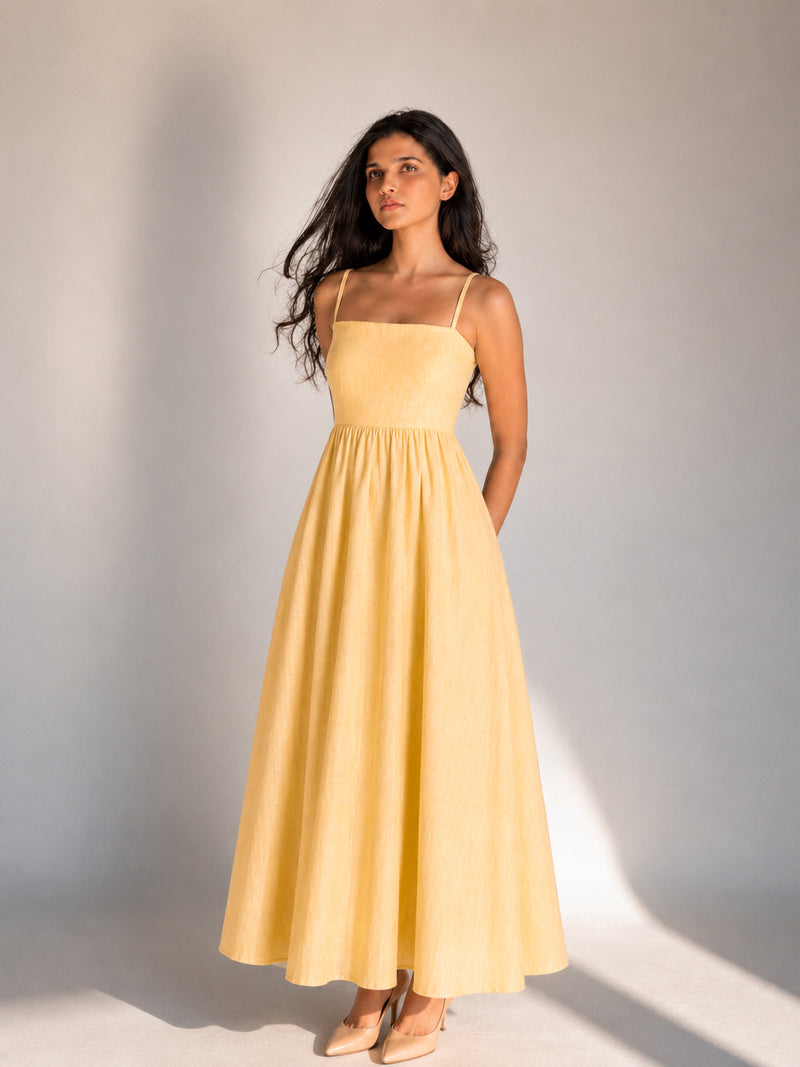 The Amara Minimal Linen Sundress - Sun-dried Yellow