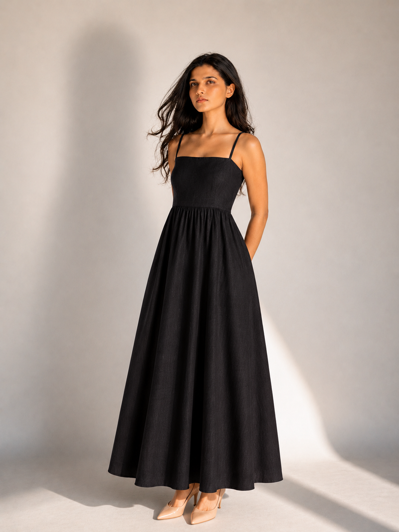 The Amara Minimal Linen Sundress - Black