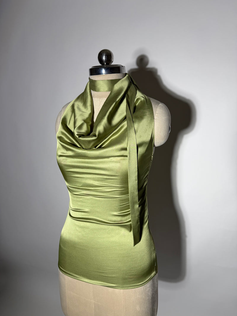 Your Go-To Glow Top - Satin Top with a Scarf - in Green