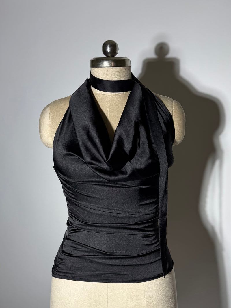 Your Go-To Glow Top - Satin Top with a Scarf - in Black