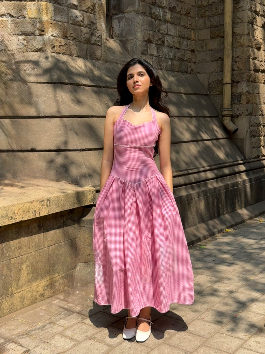 The Bella Halter Gingham Dress in Pink