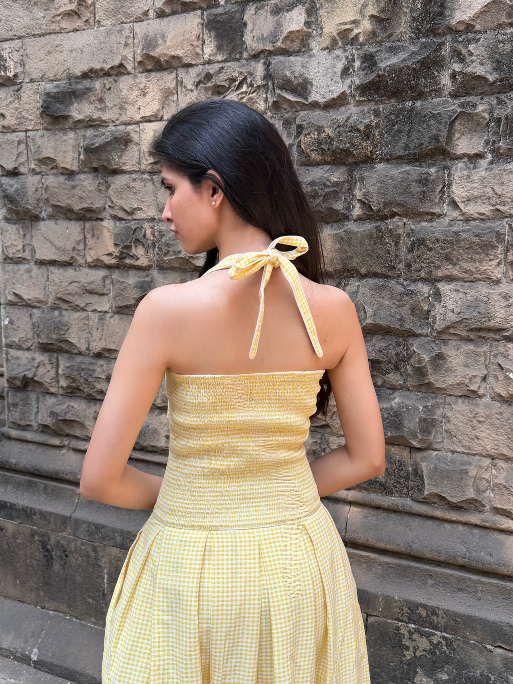 The Bella Halter Gingham Dress in Butter Yellow