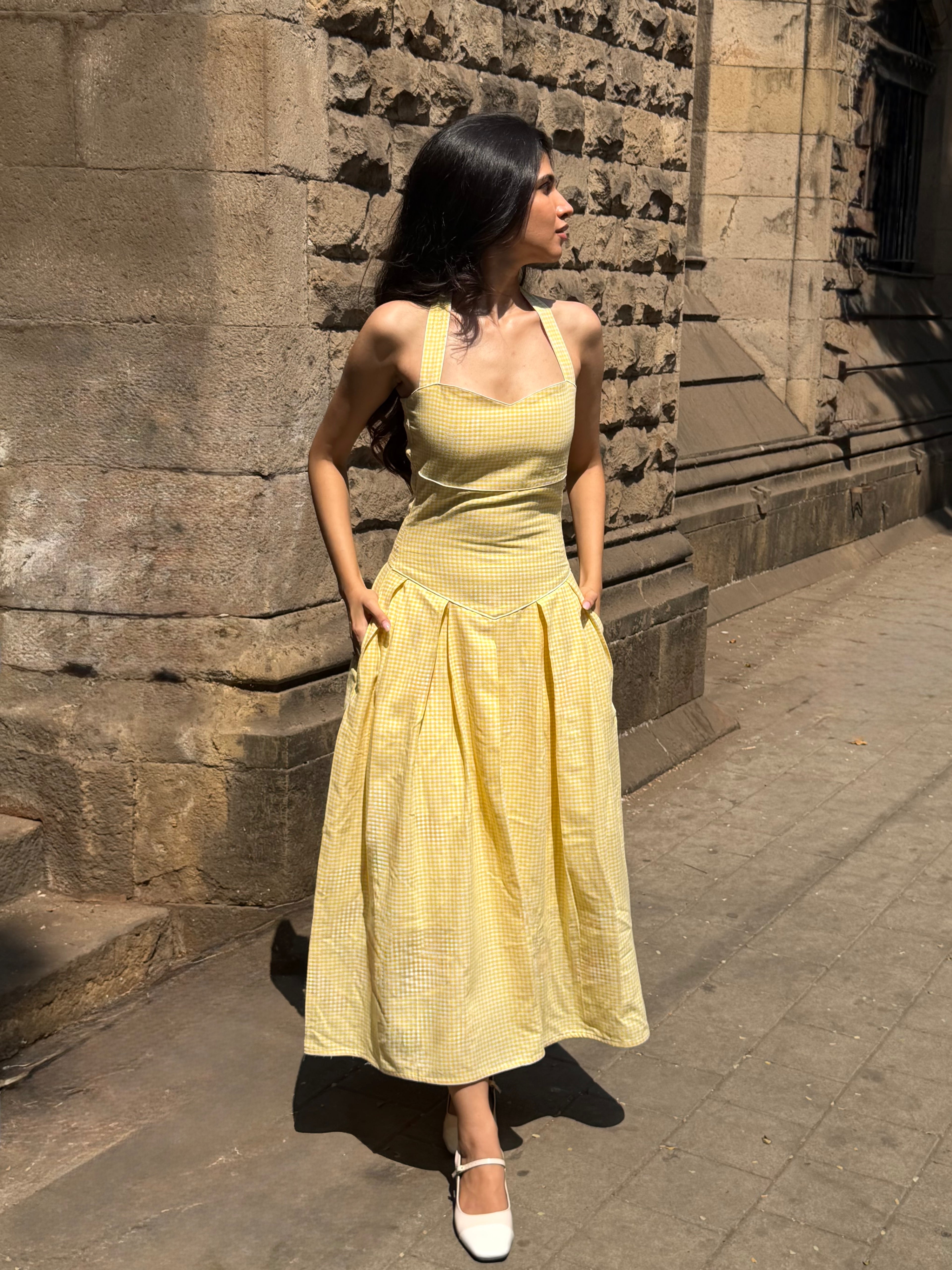 The Bella Halter Gingham Dress in Butter Yellow