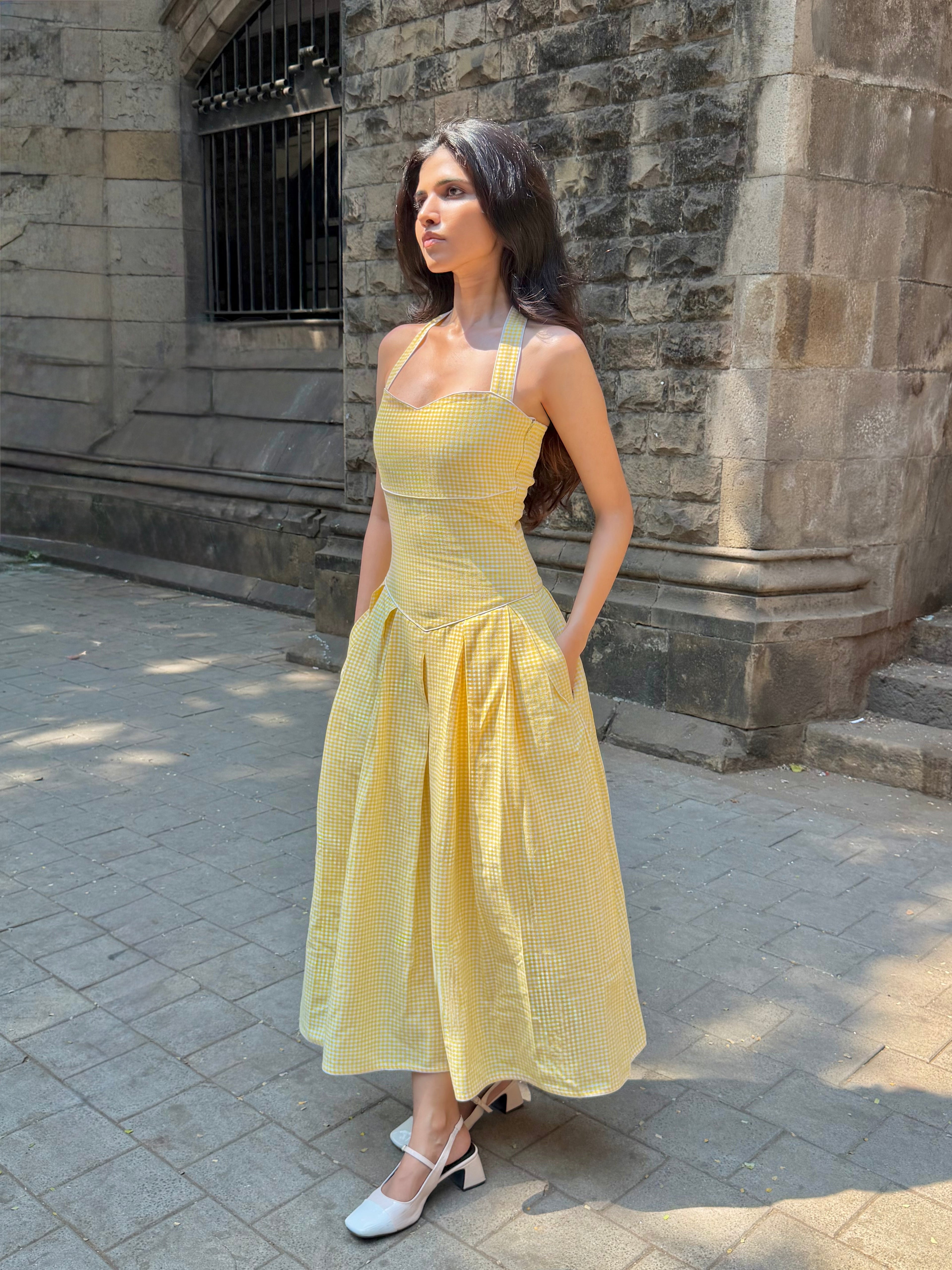 The Bella Halter Gingham Dress in Butter Yellow