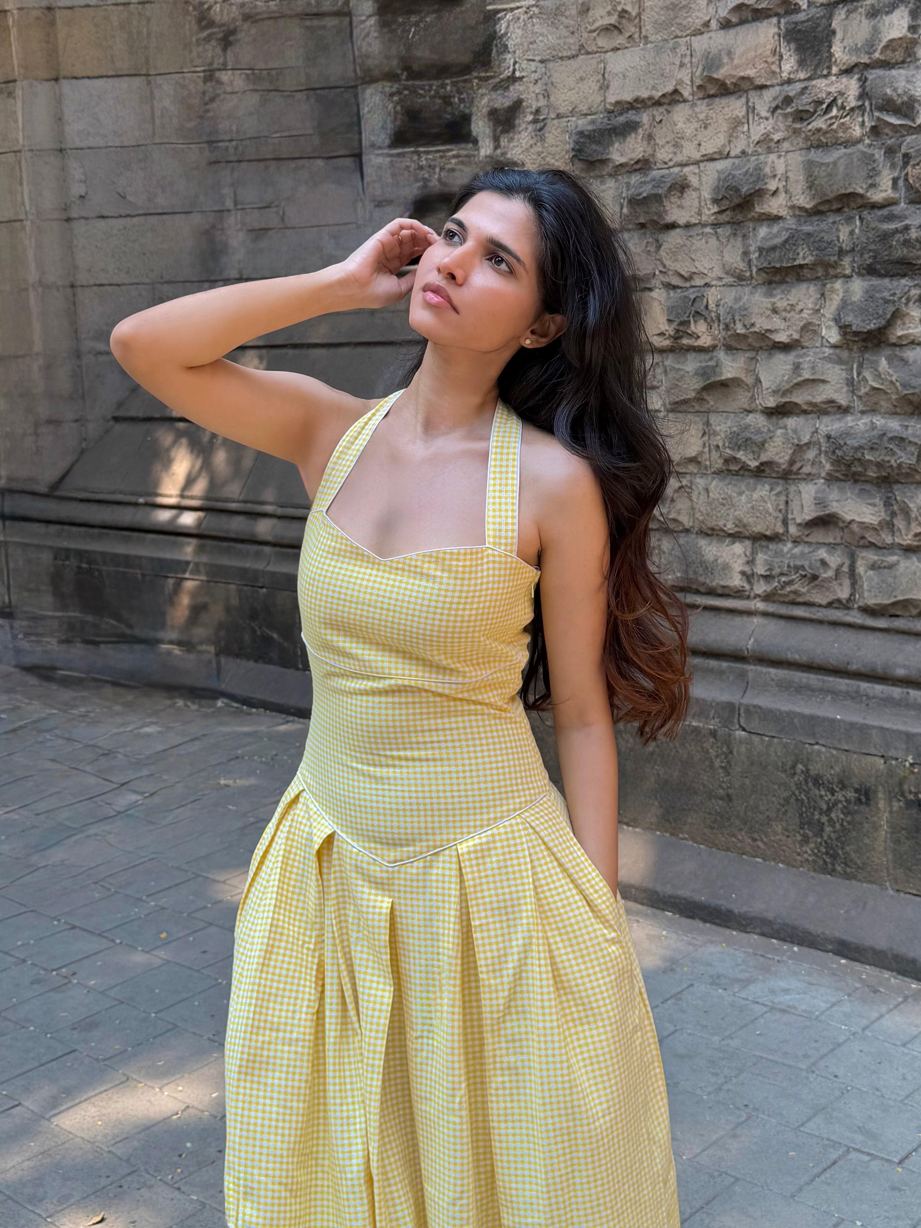 The Bella Halter Gingham Dress in Butter Yellow