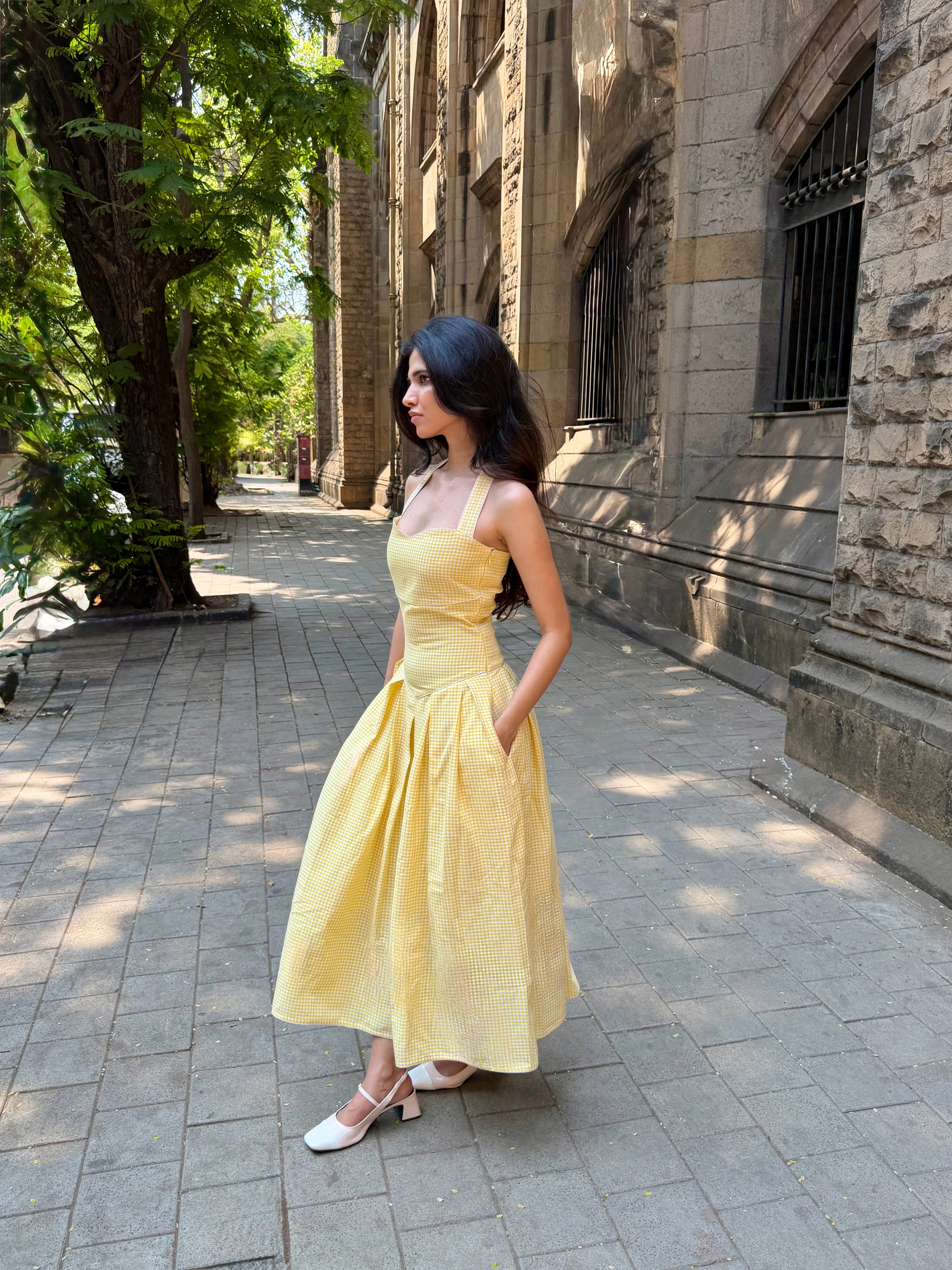 The Bella Halter Gingham Dress in Butter Yellow