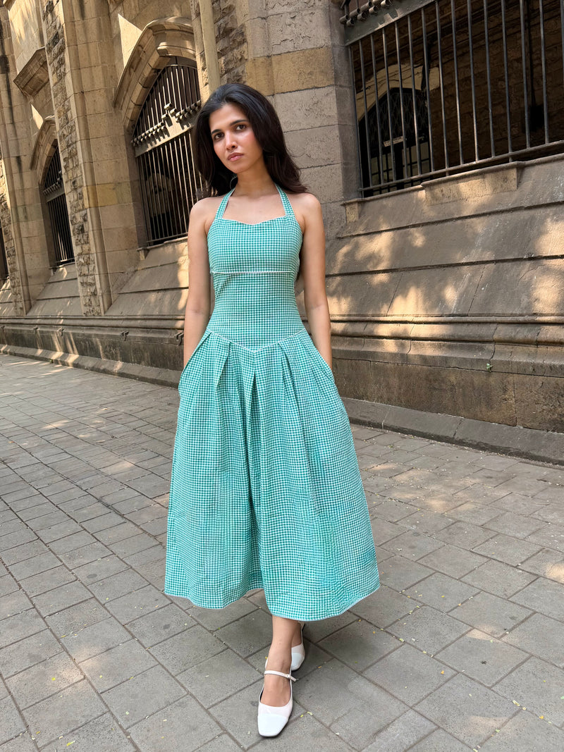 The Bella Halter Gingham Dress in Forest Green