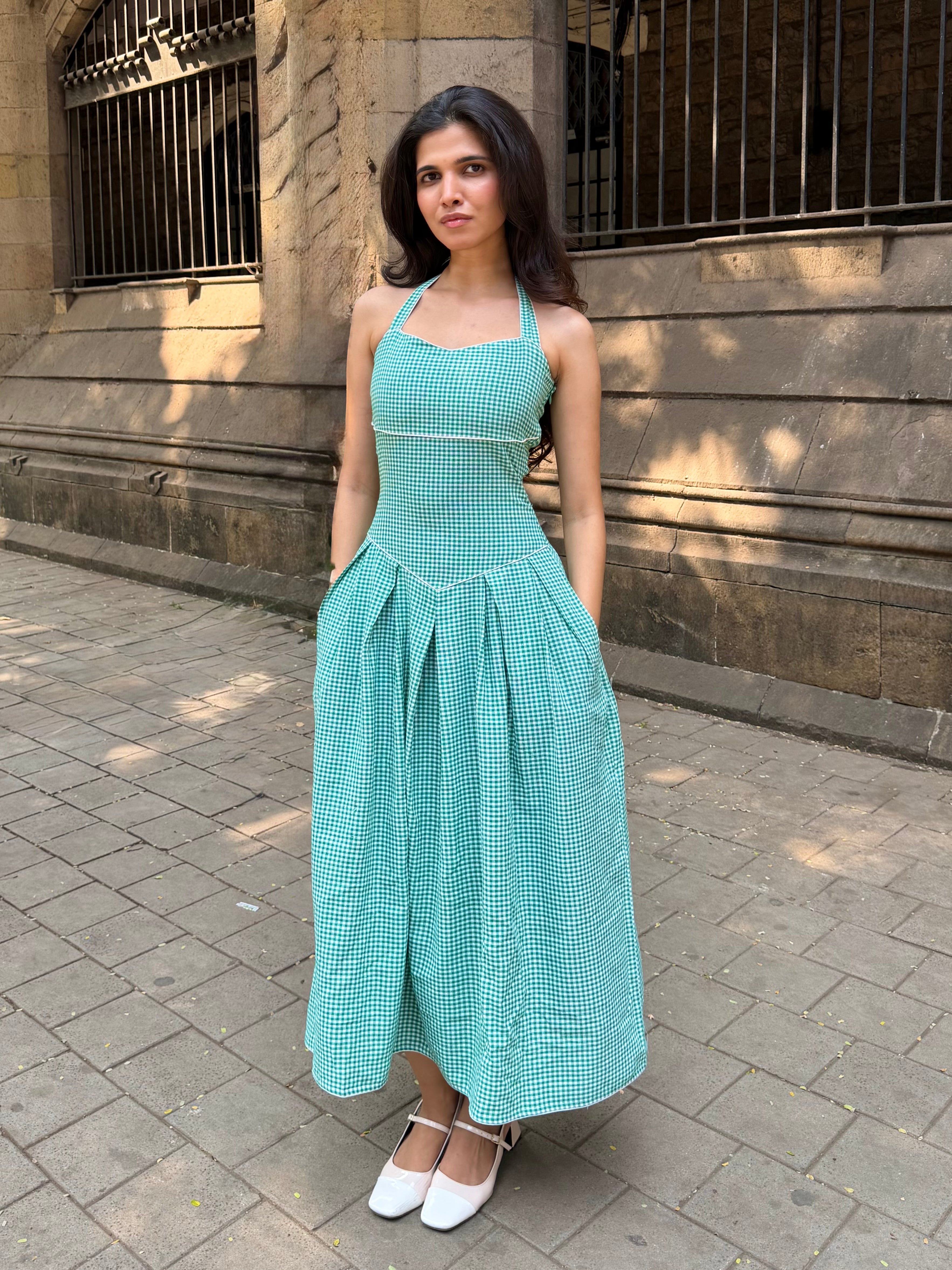 The Bella Halter Gingham Dress in Green