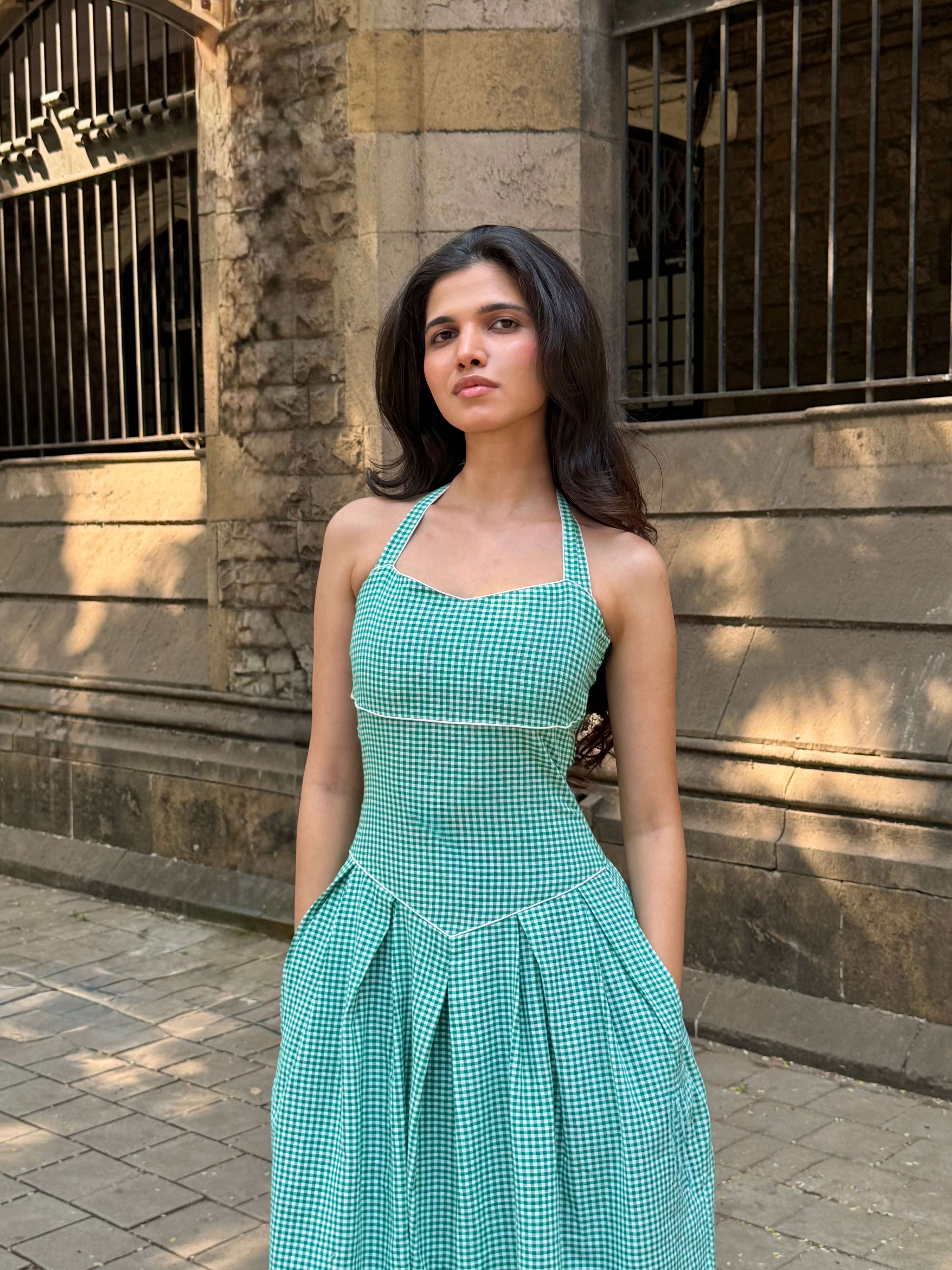 The Bella Halter Gingham Dress in Green