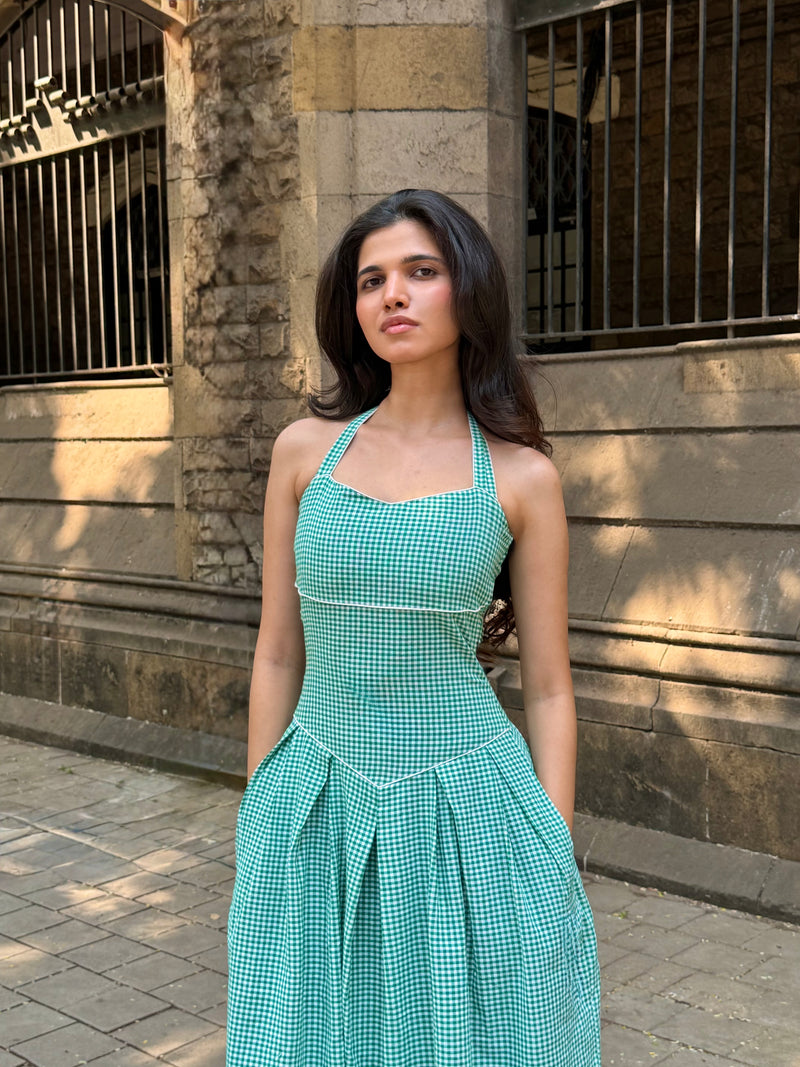 The Bella Halter Gingham Dress in Forest Green