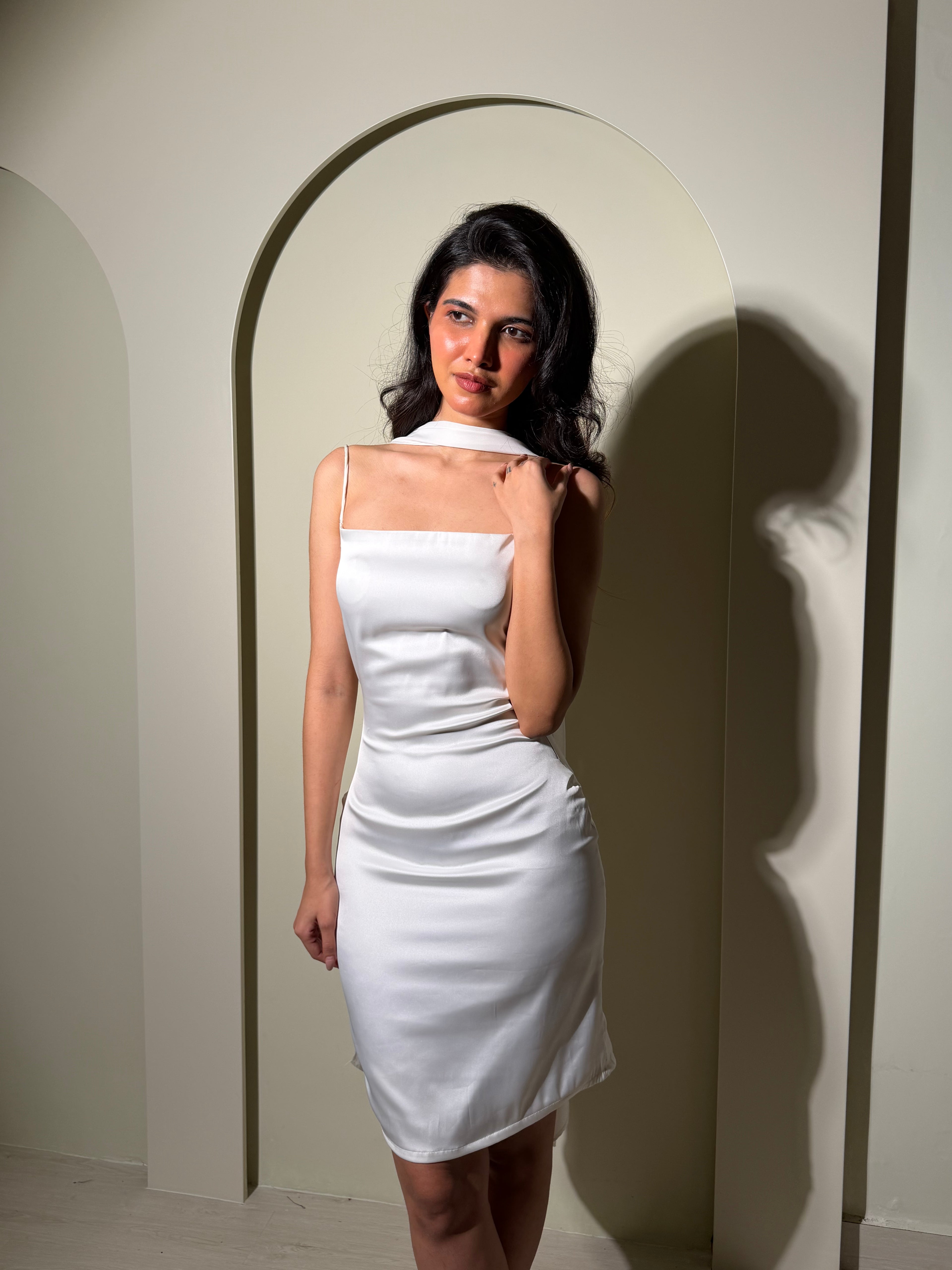 The Grace Satin Dress with Dupatta – Pearl White